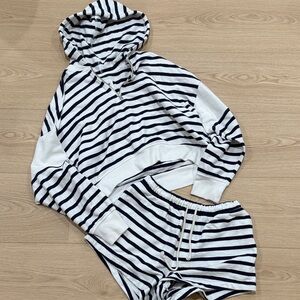 aerie White and Navy Striped Hoodie & Shorts Set
